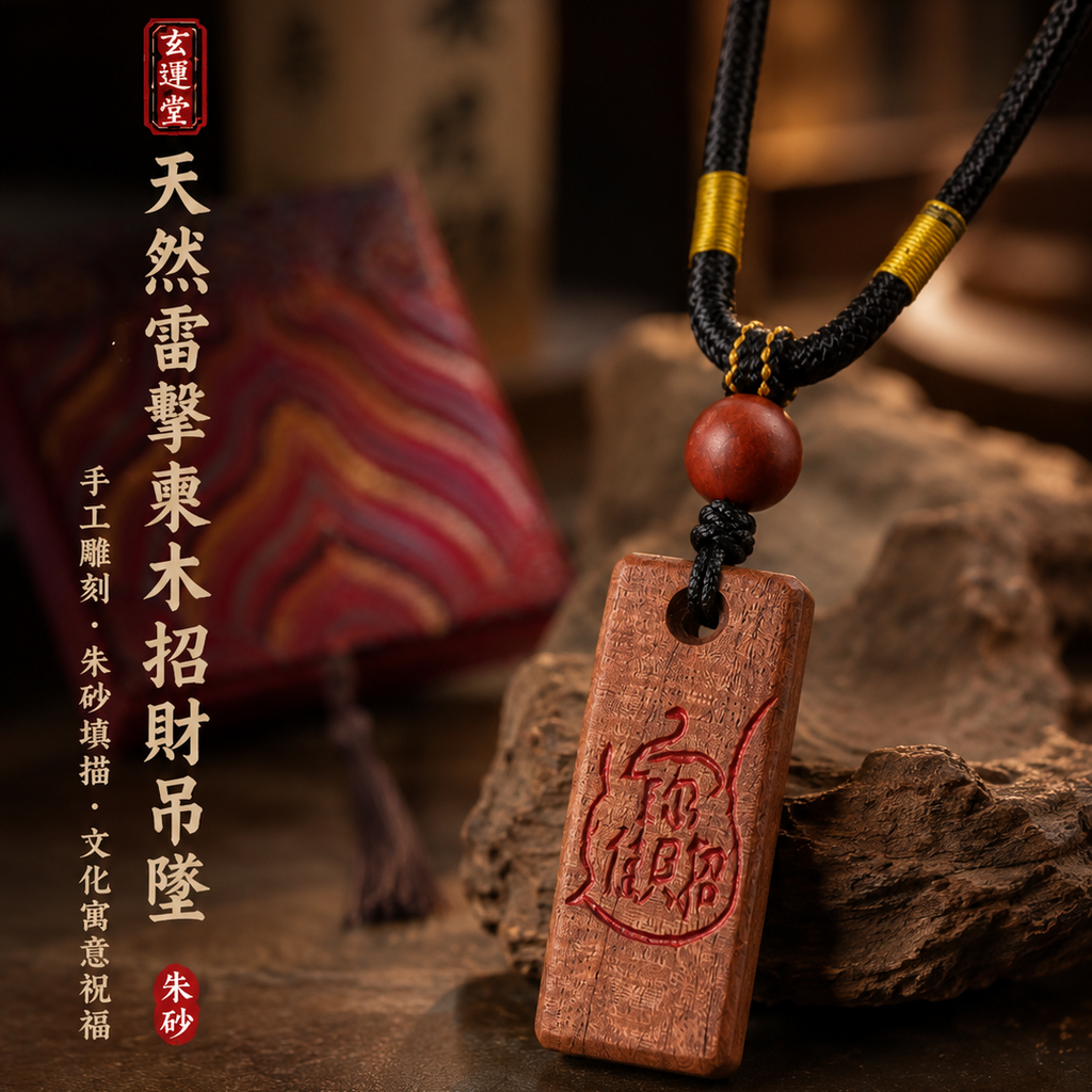 【玄運堂】天然雷擊棗木招財吊墜｜朱砂填描手作財福文化飾品